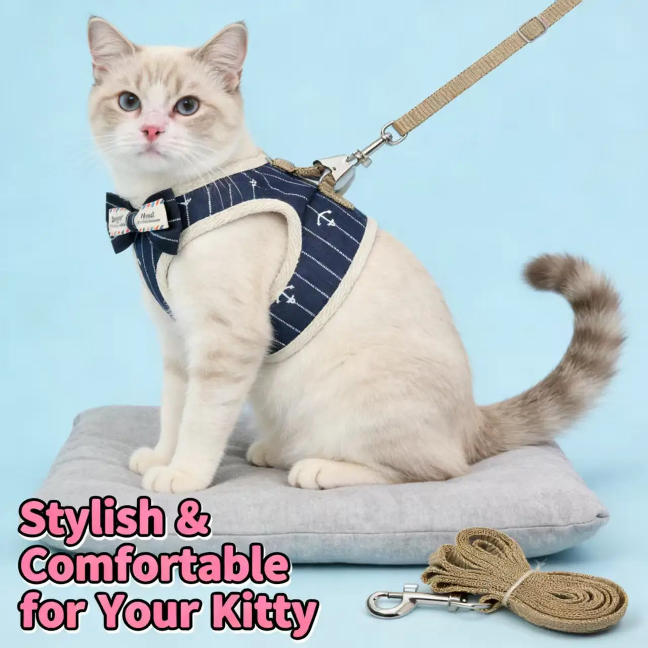 Escape-Proof Cat Harness & Leash: Nautical Stripe & Anchor Print, Bow Accent