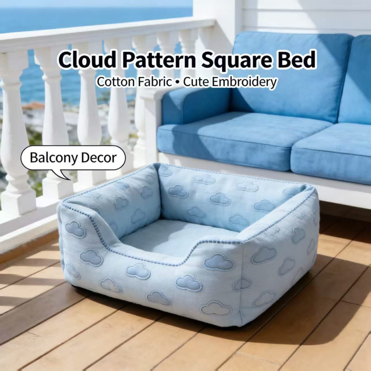 Cute Balcony Pet Bed for Dogs/Cats - Light Blue, Square, Cloud Embroidery, Cotton Fabric
