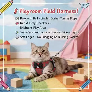 Escape-Proof Cat Harness & Leash: Bow & Bell Accent, Plaid Pattern