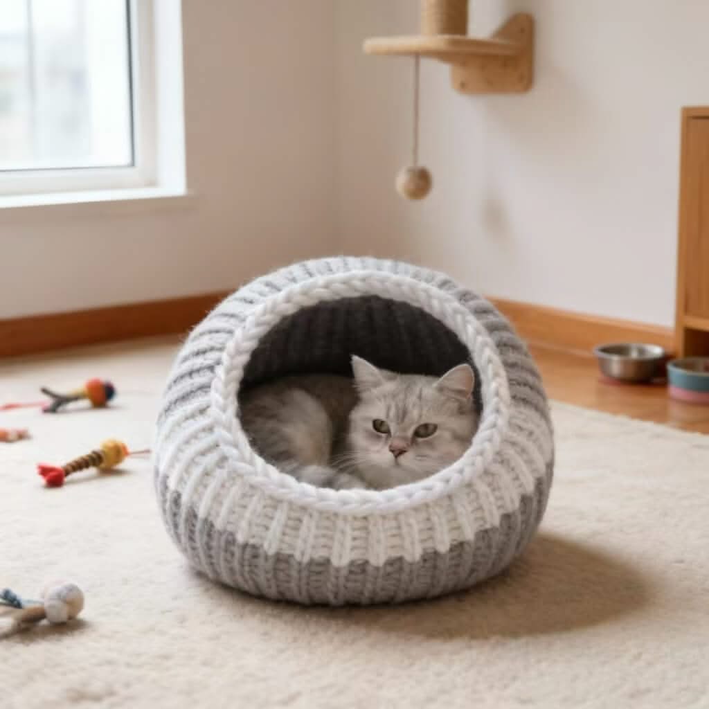 Two-Tone Knit Pet Cave Bed for Cats - Gray-White, Cozy Hiding Spot, Soft Cushion