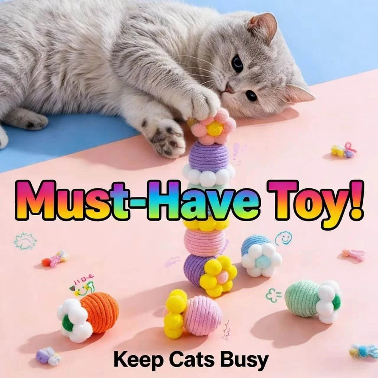 Flower & Yarn Cat Toy Set - Interactive Play, Multi-Color, Safe & Soft