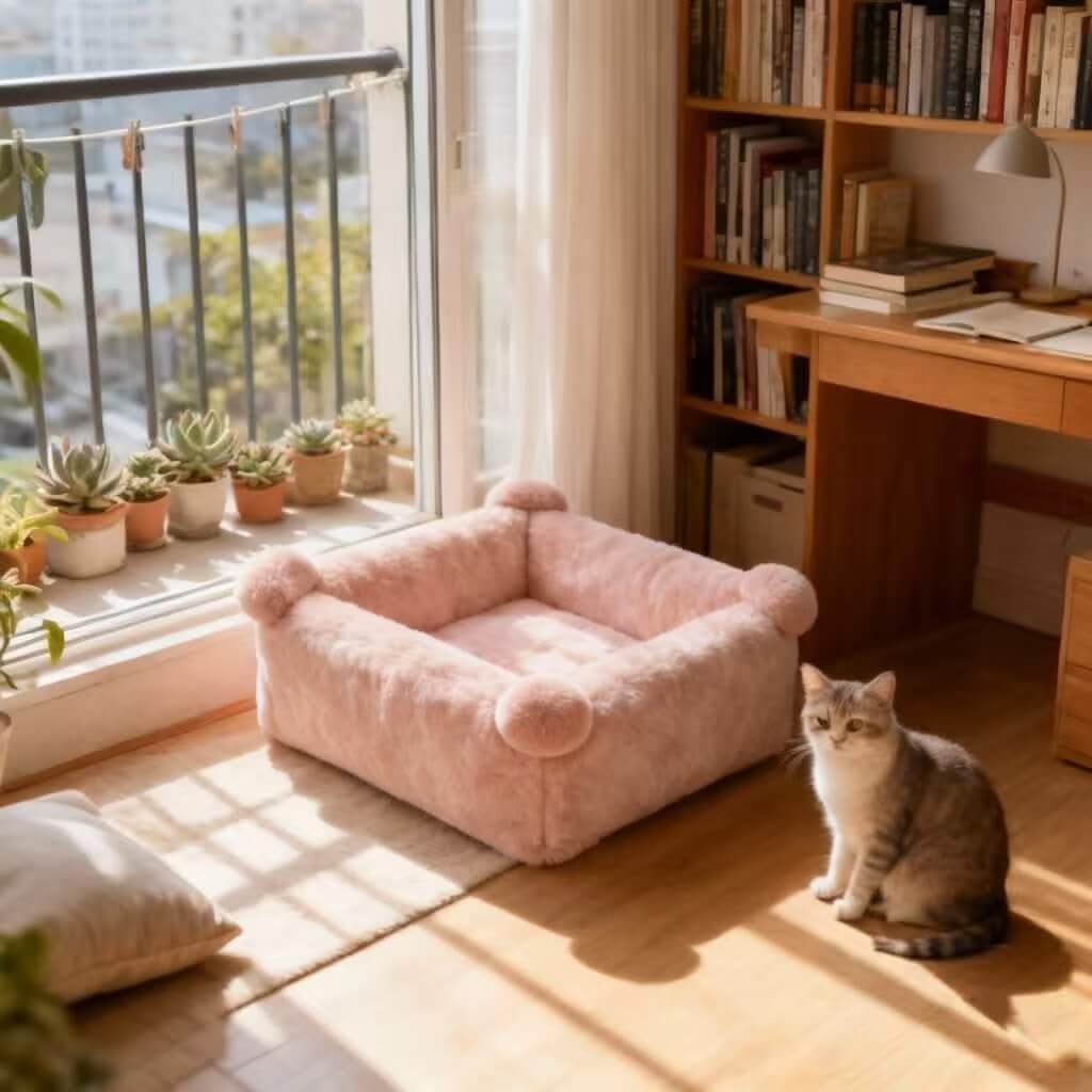 Pom-Pom Pet Bed for Cats - Pink, Plush, Soft Cushion, Cute Design, All-Season