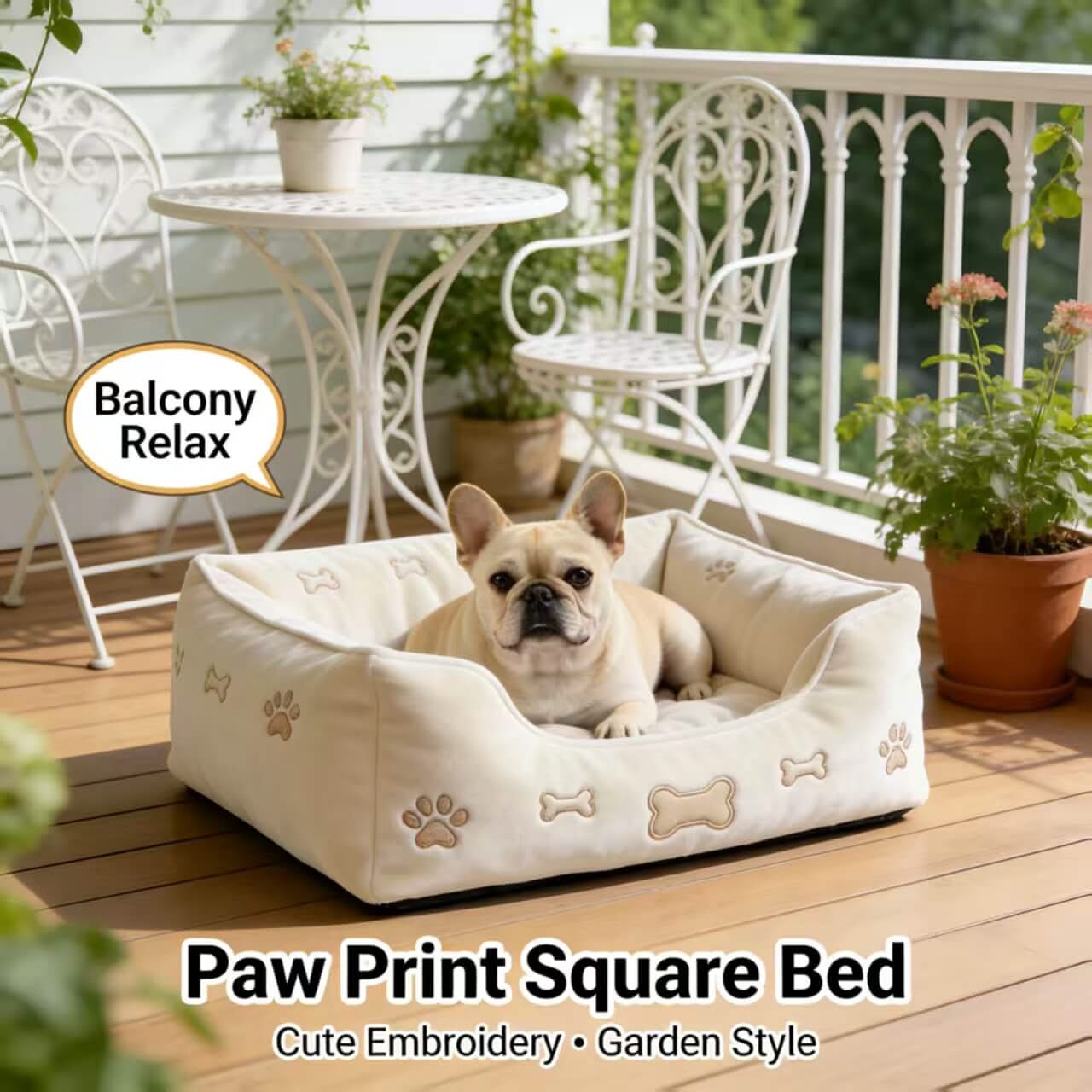 Balcony-Relax Pet Bed for Dogs - Square, Beige, Paw/Bone Embroidery, Garden-Style