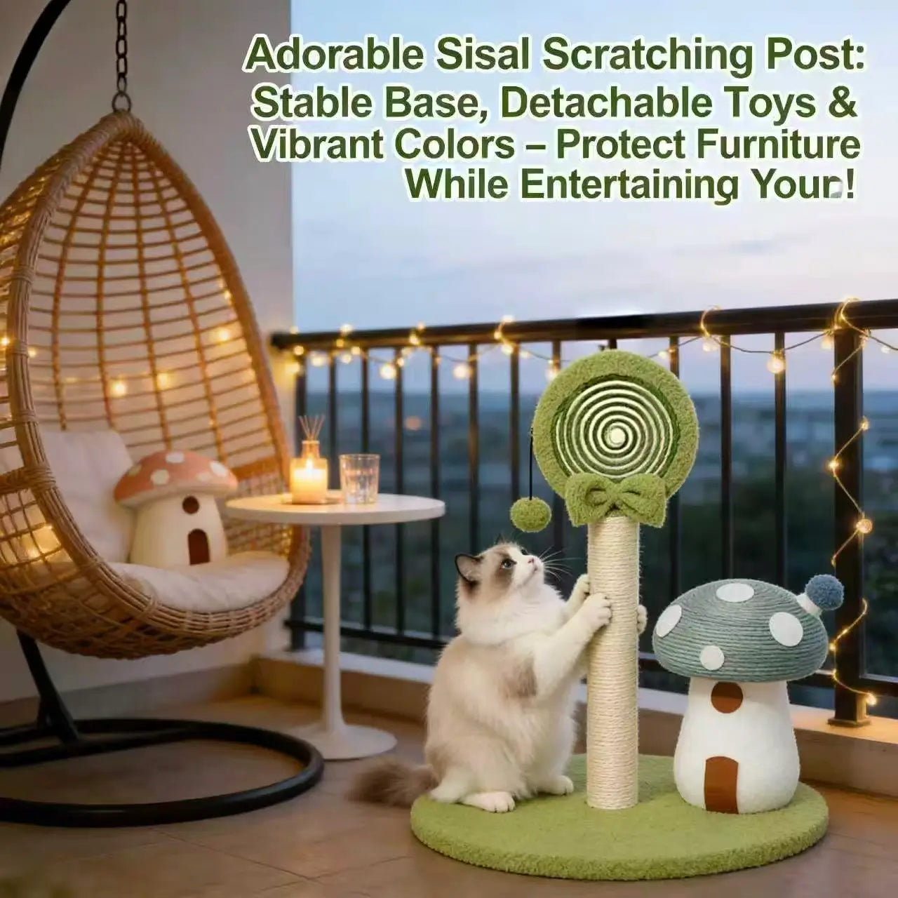Mushroom & Lollipop Cat Scratcher: Sisal Posts, Interactive Toys, Multi-Color (Red/Green/Blue)