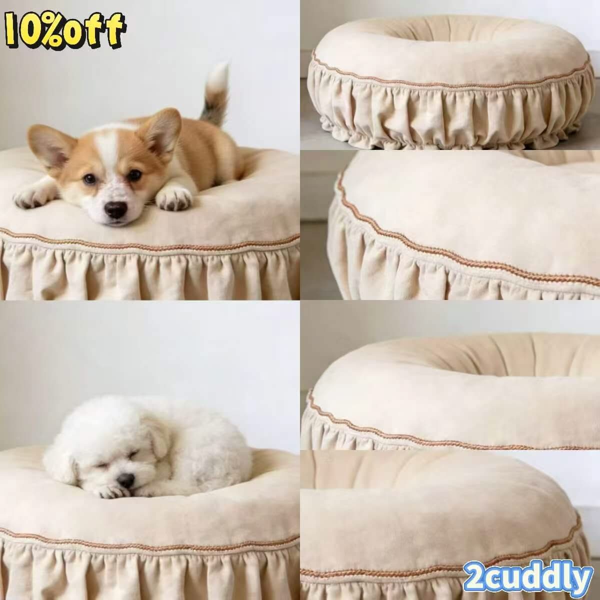 Rustic Cozy Pet Bed for Dogs - Beige, Round, Ruffled Trim, Classic Stitching