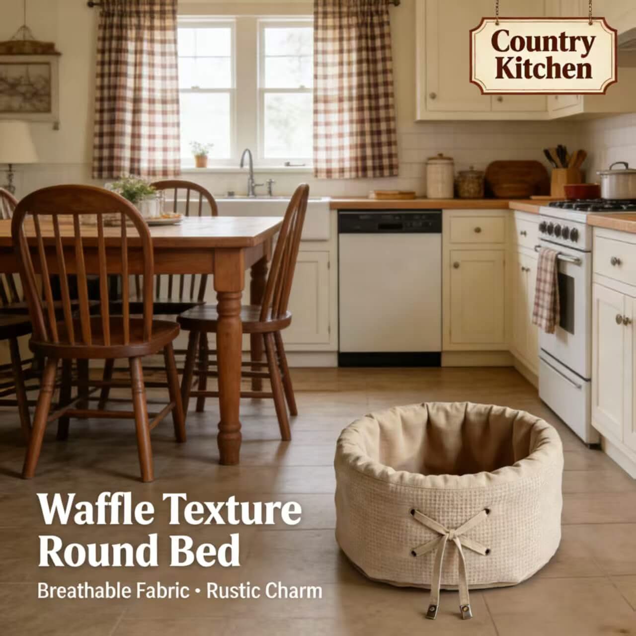 Country-Kitchen Pet Bed for Dogs - Round, Beige Waffle Texture, Breathable Fabric, Rustic Charm