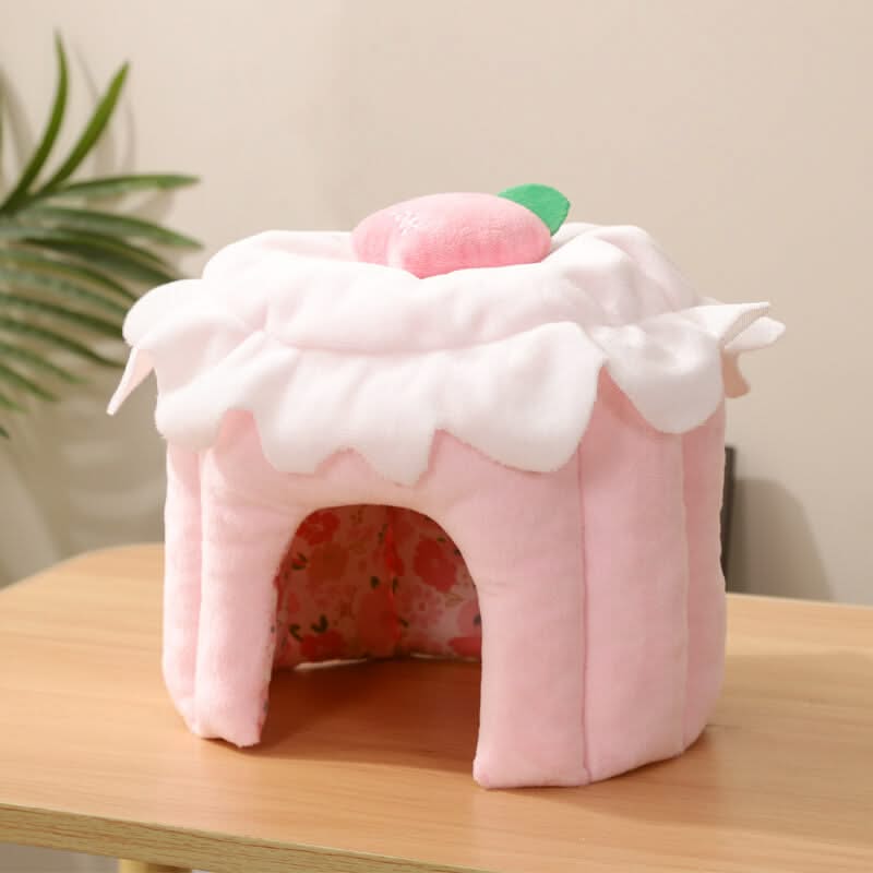 Sweet-Home Hamster House for Hamsters - Strawberry Cake Shape, Pink, Fluffy Roof, Cute Decoration