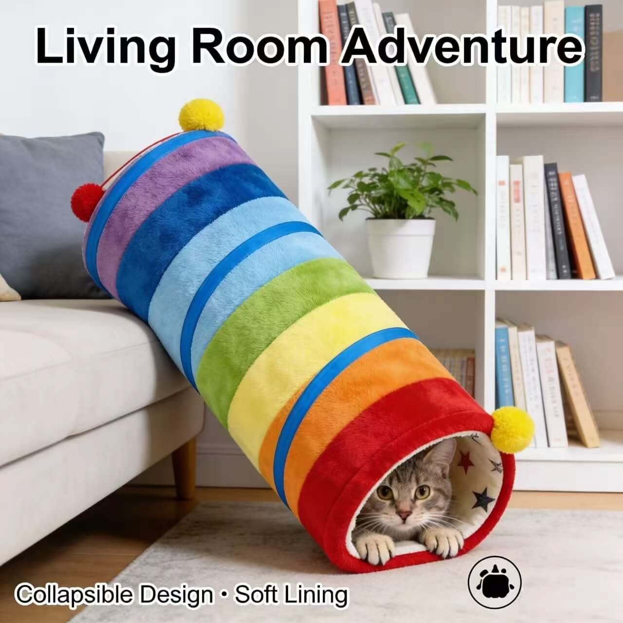 Rainbow Pet Tunnel Bed for Cats - Star-Print, Pom-Pom Decor, Plush, Colorful, Cozy Hiding Spot, All-Season