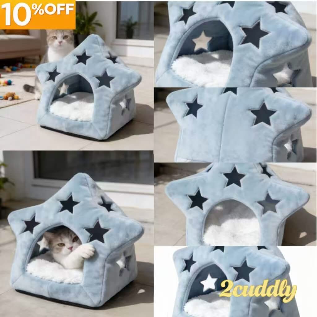 tar-Shaped Cat Bed , Fleece Lining Decorative Cutouts Light Blue for Cats