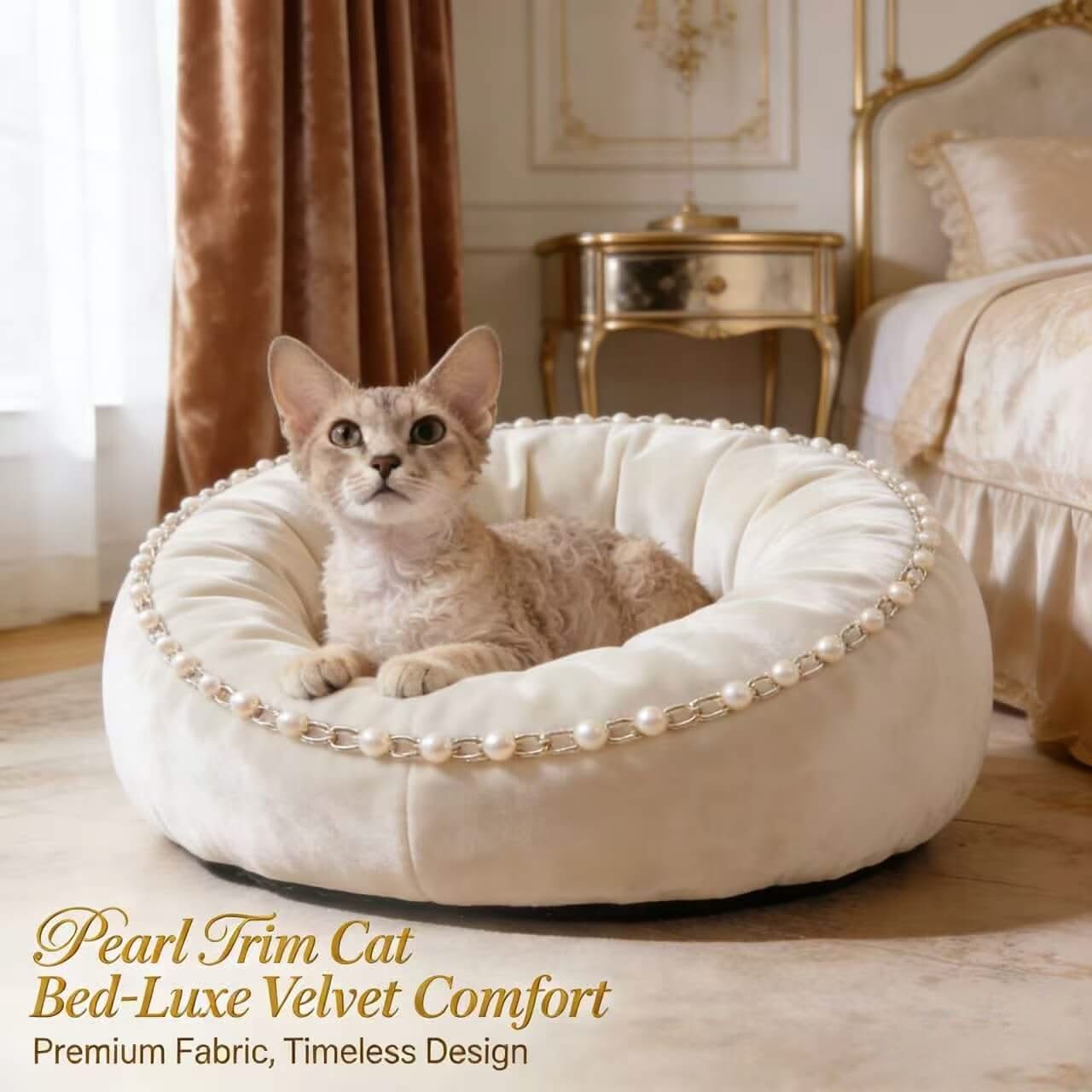 Luxury Pearl-Chain Pet Bed for Cats - Velvet, Cream, Round, Soft Cushion, All-Season