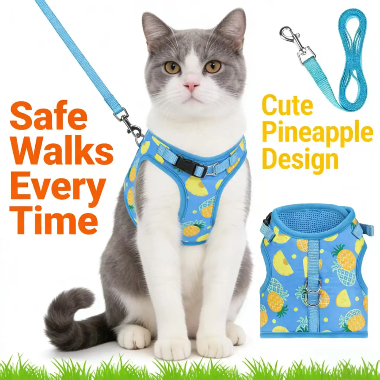 Escape-Proof Cat Harness & Leash: Pineapple Print, Breathable Mesh