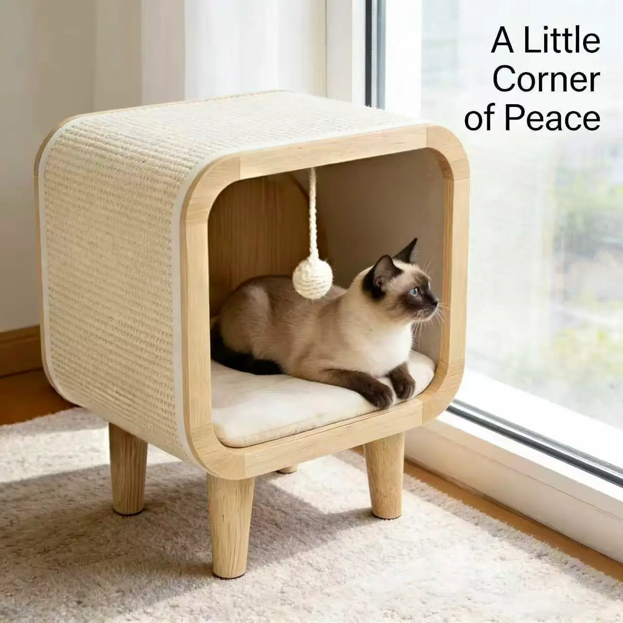 Square Wooden Cat Cave & Scratcher: Elevated Hideaway with Cushion & Toy, Modern Furniture for Indoor Cats