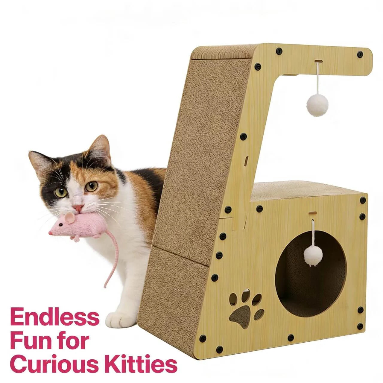 Rest, Scratching & Interactive Cat House for Cats - Pom-Pom, Wood Frame, Paw Print