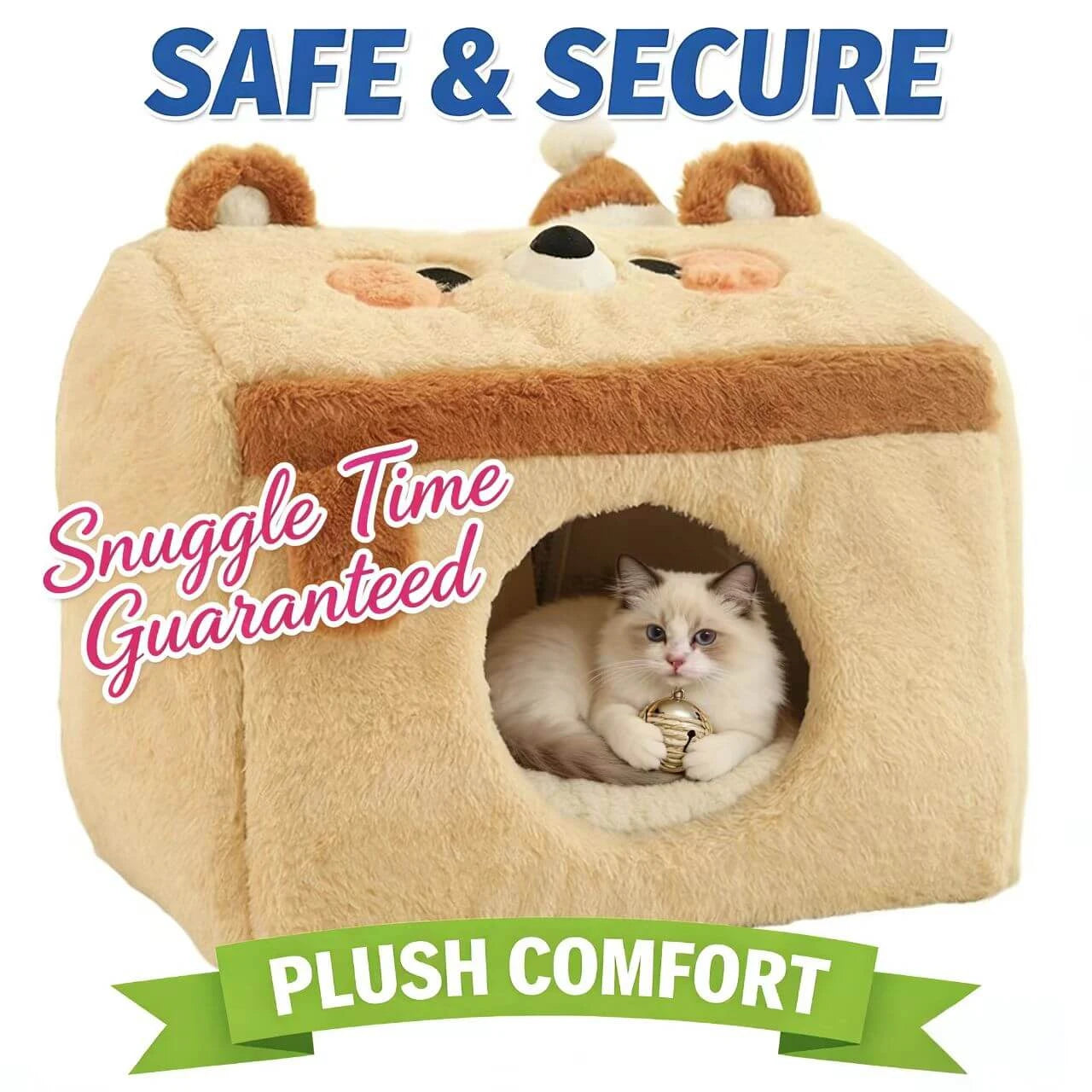Warm Enclosed Pet House for Cats - Bear Shape, Soft Plush, Beige Rest Cottage