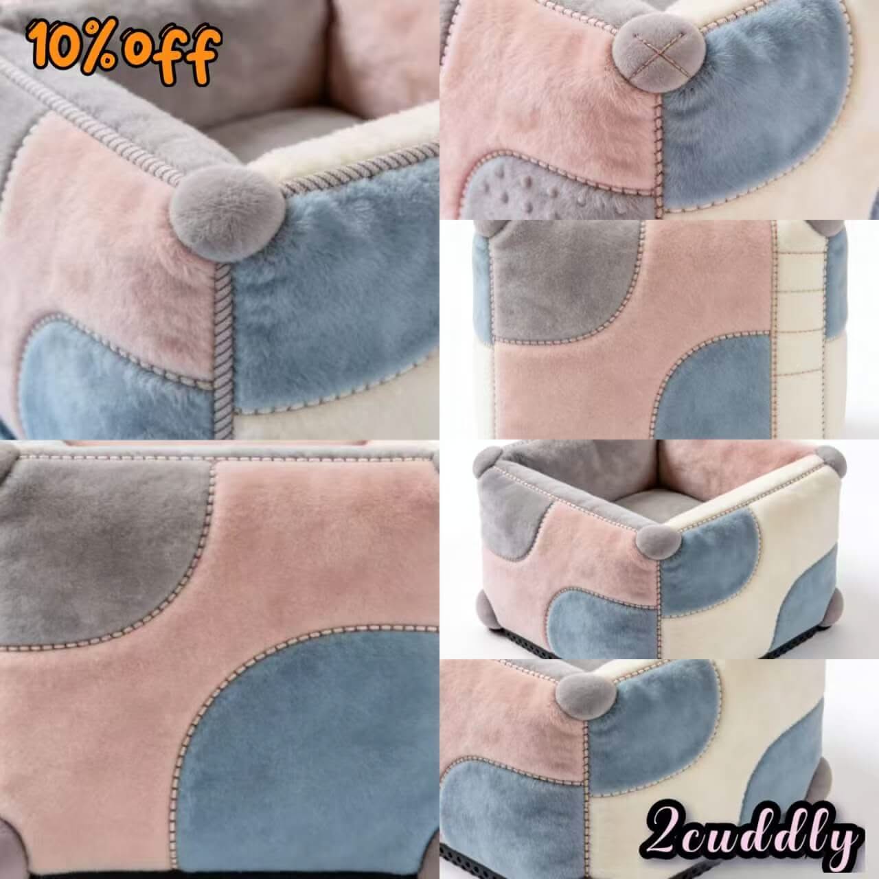 Patchwork Square Dog Bed, Soft Plush Sturdy Poms Colorful for Small Dogs