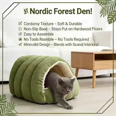 Corduroy Cave Cat Bed: Cozy Hideaway, Plush Lining (Green)