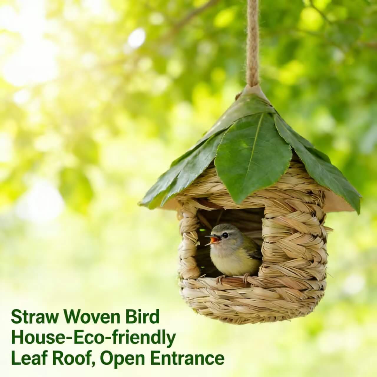 Eco-friendly Straw Woven Bird House: Leaf Roof, Open Entrance for Small Birds