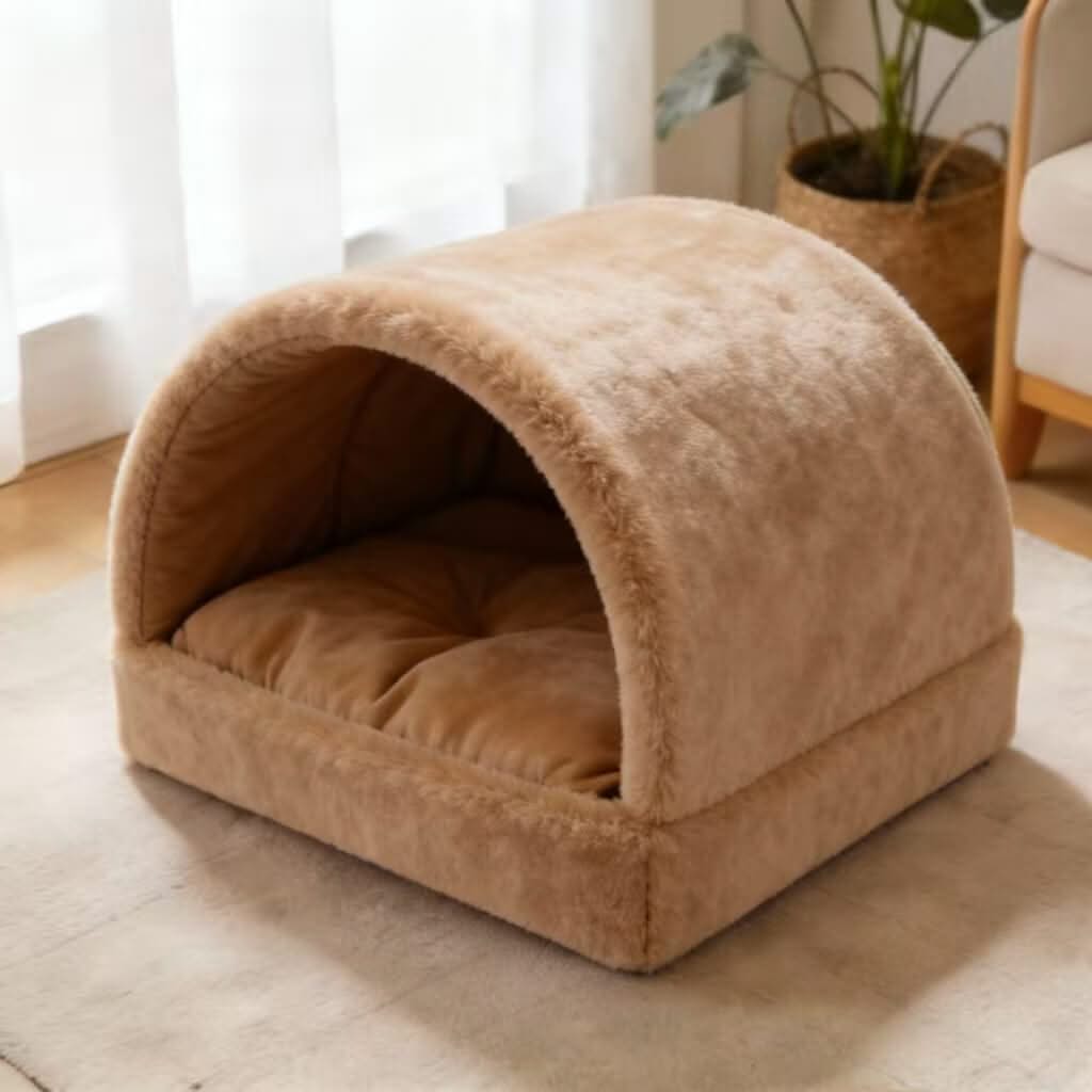 Plush Pet Cave Bed for Cats - Beige, Soft Cushion, Cozy Hiding Spot, All-Season