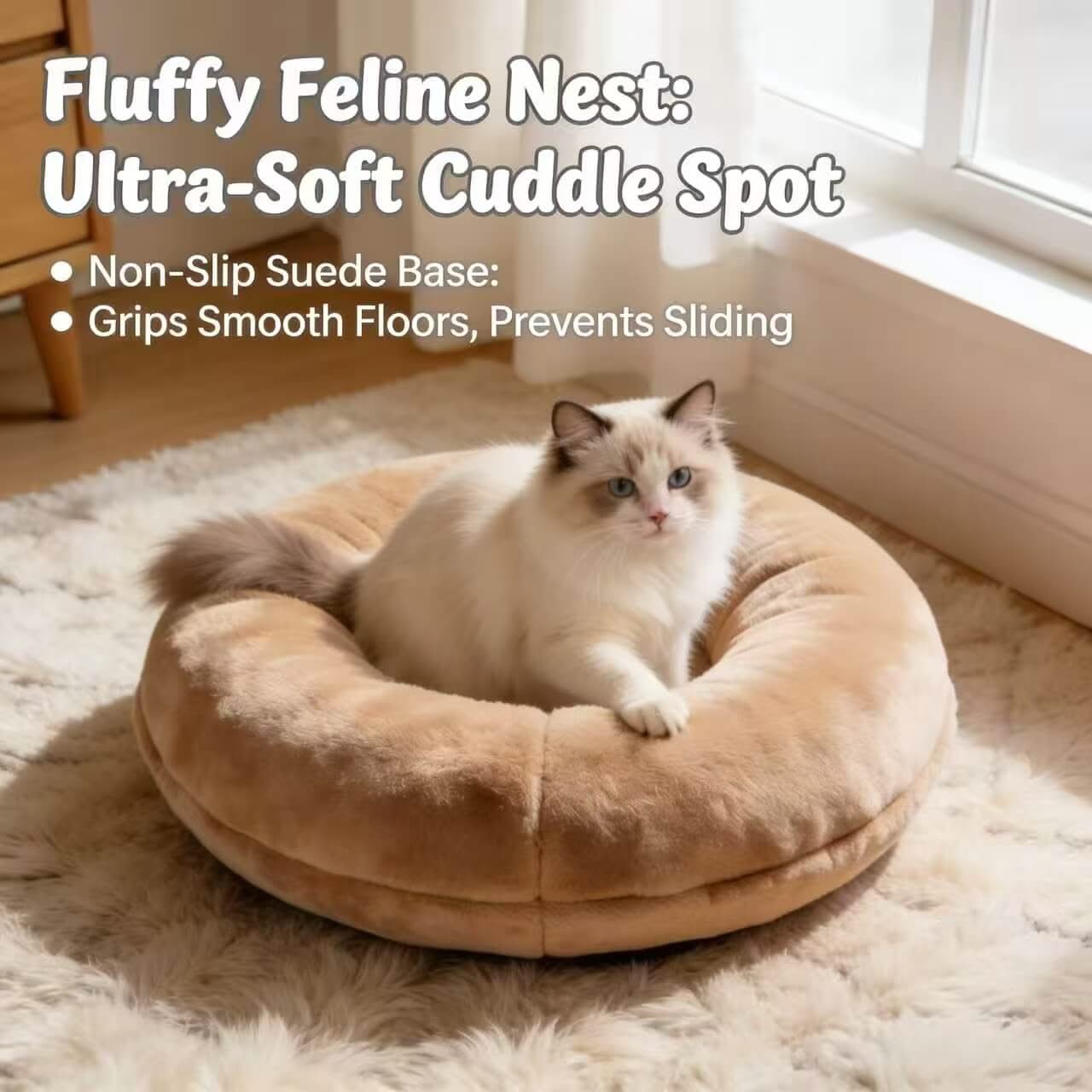 Plush Round Pet Bed for Cats - Soft, Beige, Cozy Cushion, All-Season