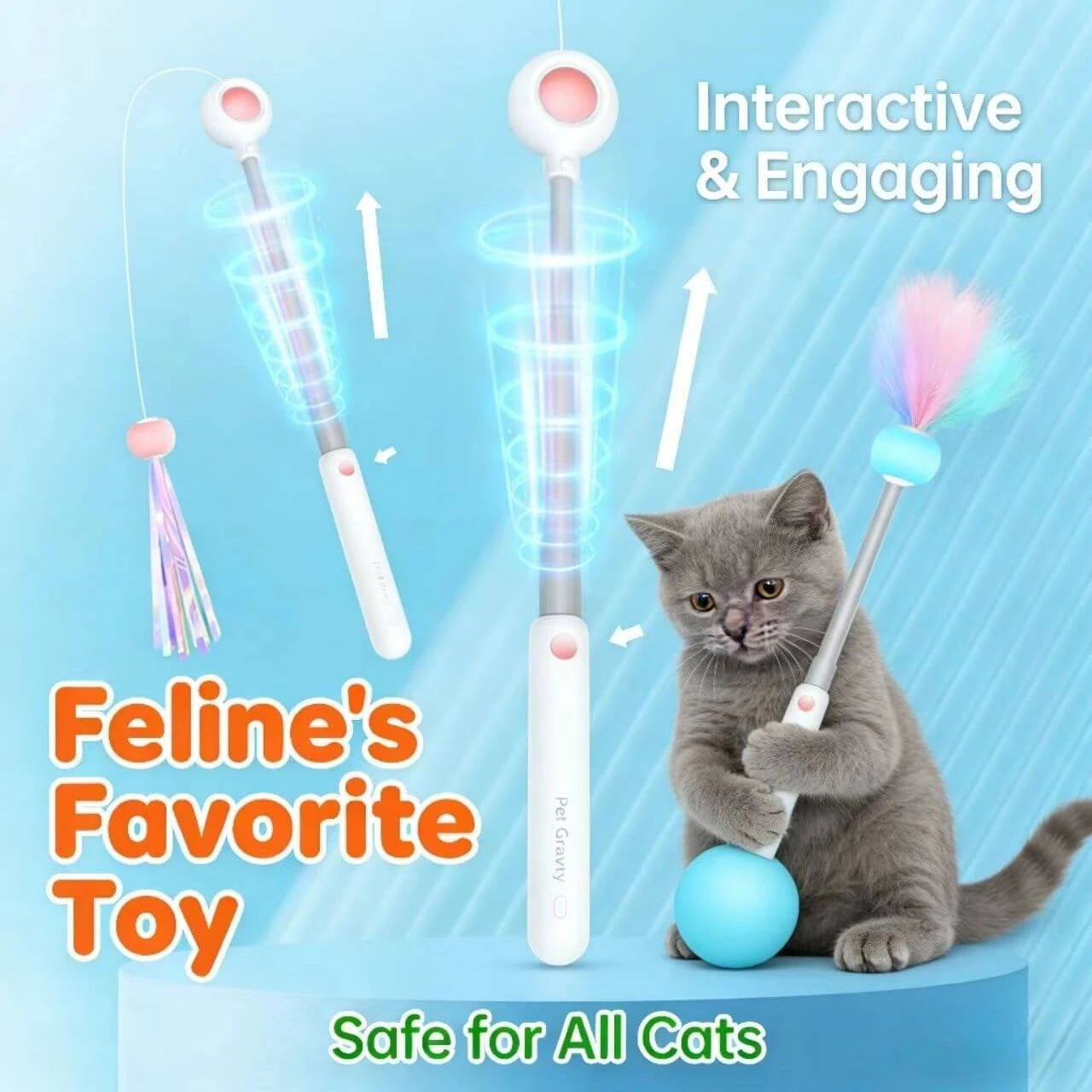 Auto-Bounce Interactive Cat Teaser Wand - Retractable, LED Light, White
