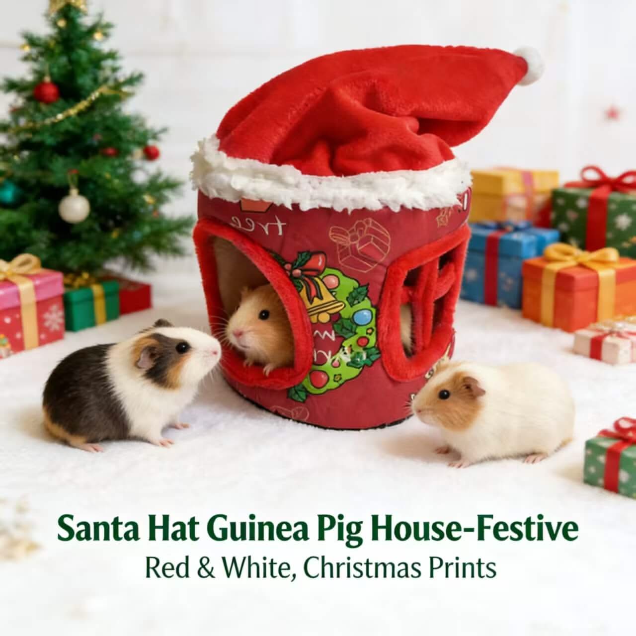 Festive Guinea Pig House for Guinea Pigs - Santa Hat Shape, Red & White, Christmas Prints