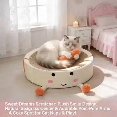 Smiley Cat Scratcher Bed: Seagrass Scratch Area, Plush Rest Space & Pom-Pom Toys