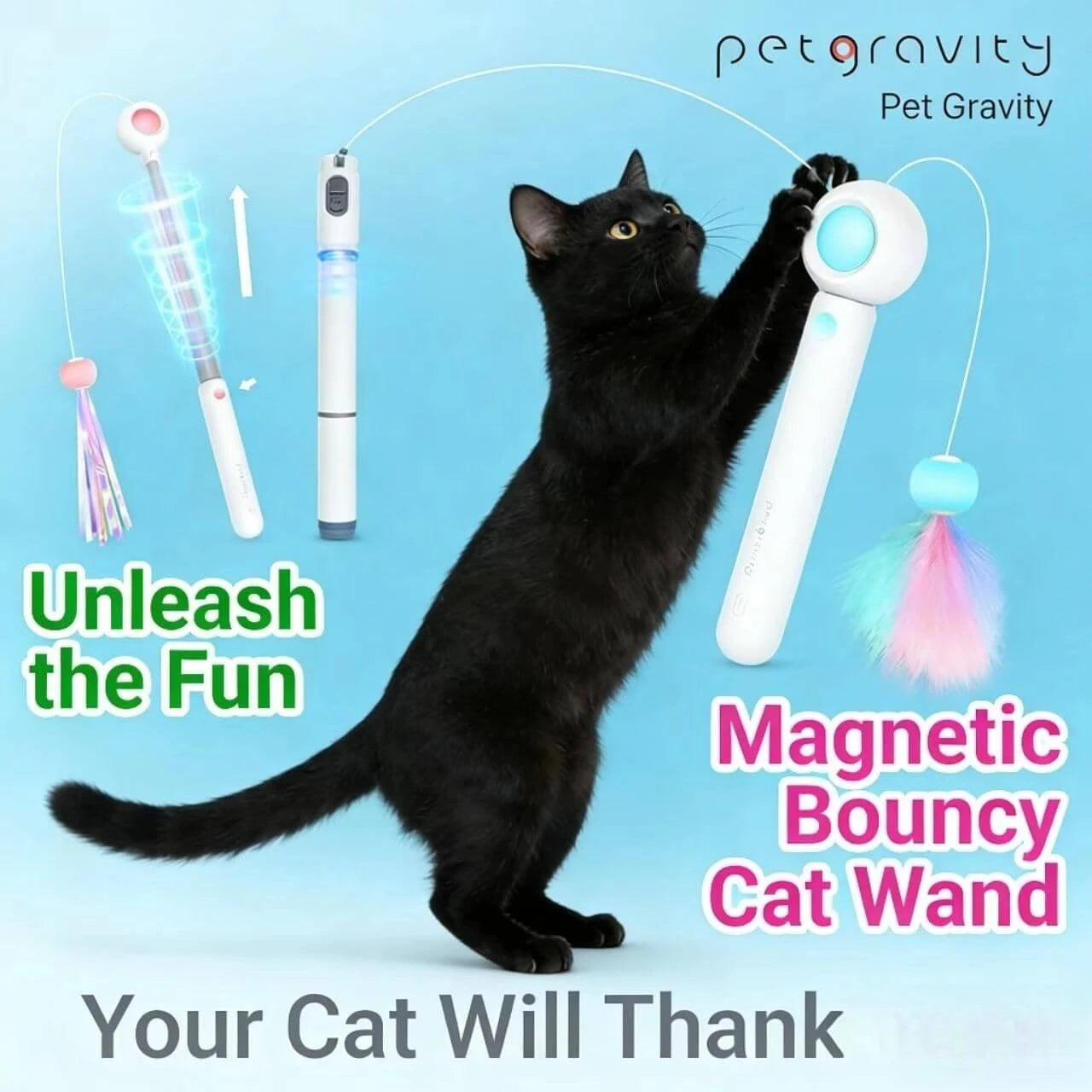 Auto-Bounce Interactive Cat Teaser Wand - Retractable, LED Light, White