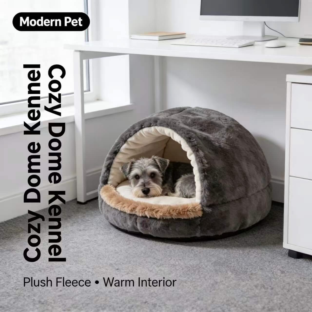 Cozy Pet Cave Bed for Dogs - Plush, Two-Tone, Gray-Beige, Warm Hiding Spot, All-Season