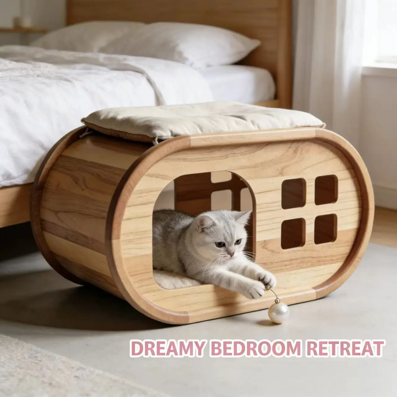 2-in-1 Wooden Cat Ottoman - Cushioned Top, Cat Cave, For Indoor Cats