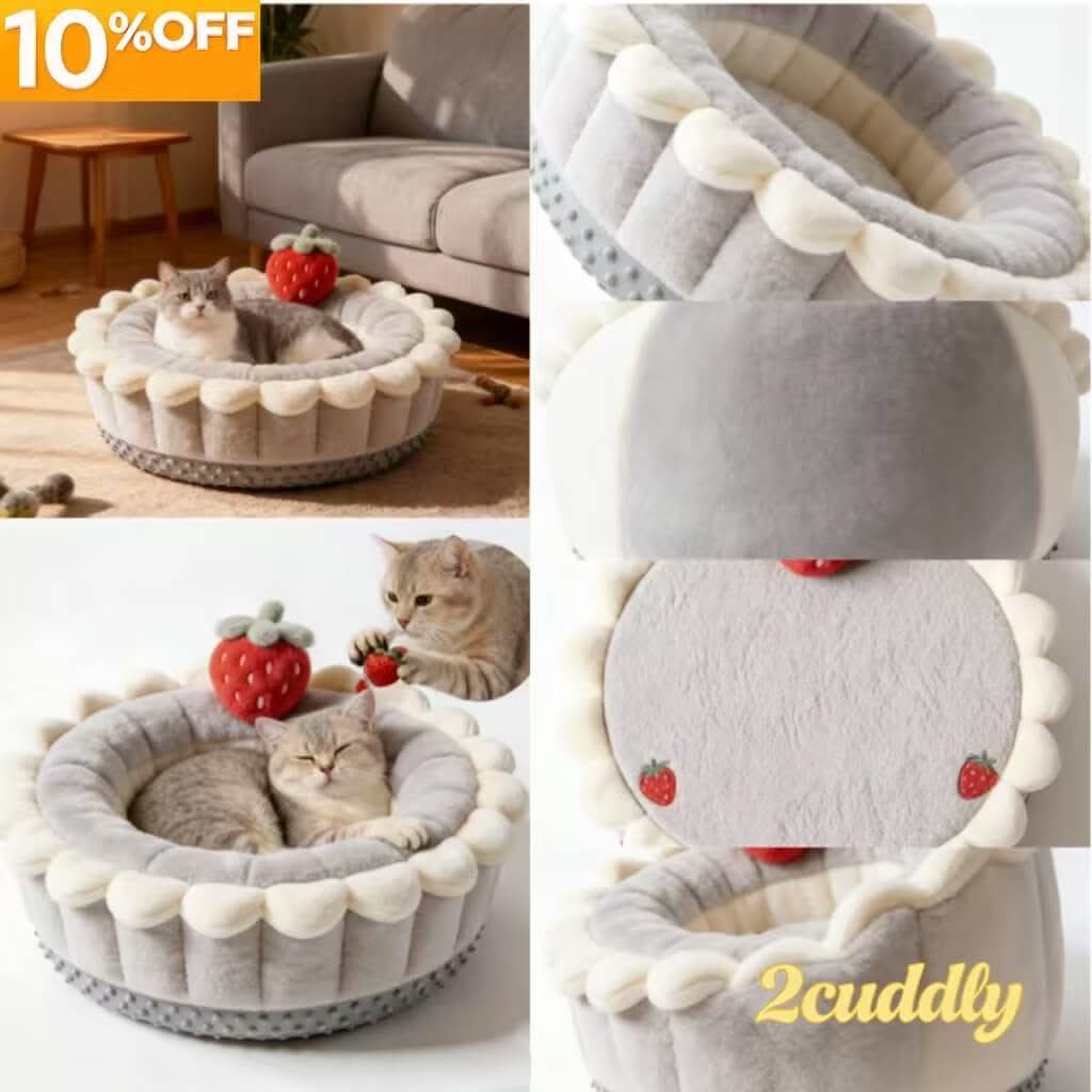 Adorable Cake-Shaped Pet Bed for Cats- Strawberry Decor, Plush Fabric, Gray-White, All-Season