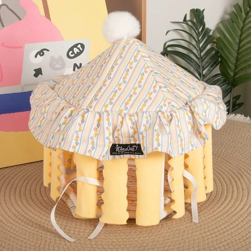Playful Hamster House for Hamsters - Tent Style, Patterned Fabric, Ruffled Edges, Light Yellow