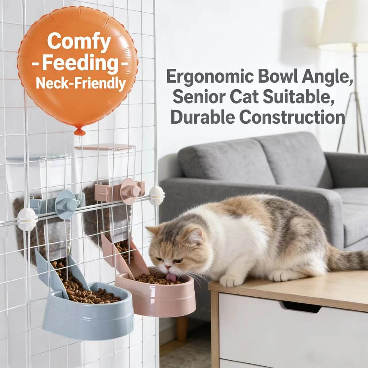 Anti-Spill Cage Pet Feeder - Gravity Auto-Dispense, Wall-Mounted, Blue