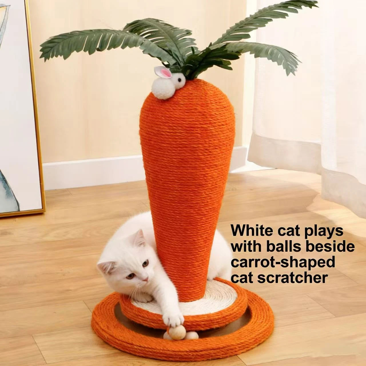 Scratch & Play Cat Scratcher for Cats - Carrot-Shaped Rope Rabbit Toy Rolling Balls