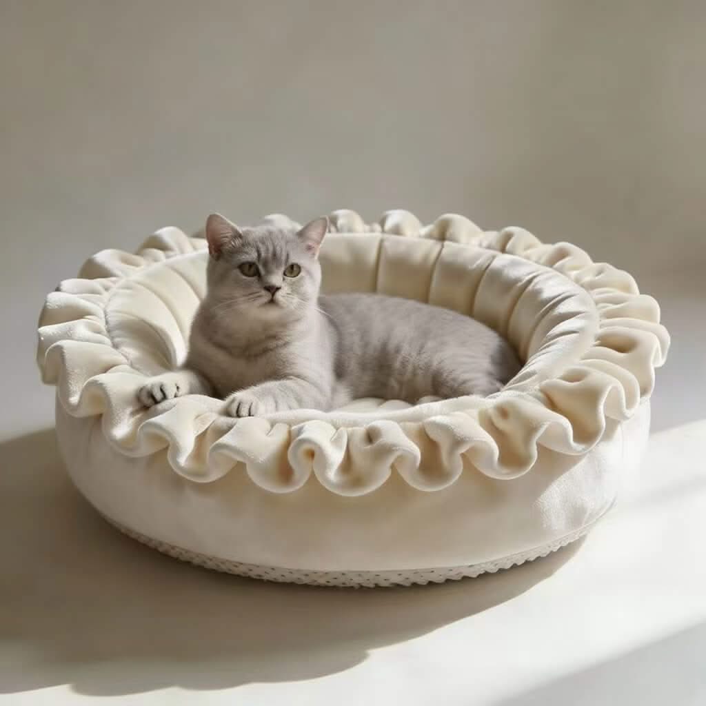 Cozy Ruffled Pet Bed for Cats- Soft Velvet, Round Cushion, Beige, All-Season