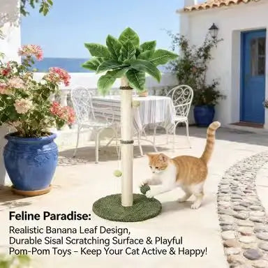 Tropical Plant Cat Scratcher: Sisal Post, Hanging Toys, Grass Base (Green-Beige)