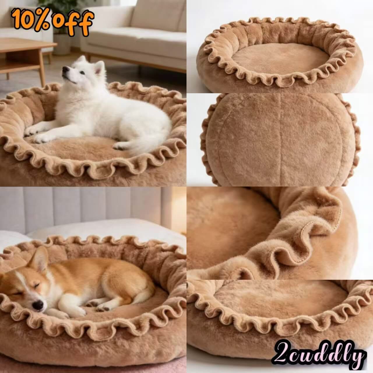 Warm-Retreat Pet Bed for Dogs - Tan Ruffled Round, Plush Fleece, Cozy Edge