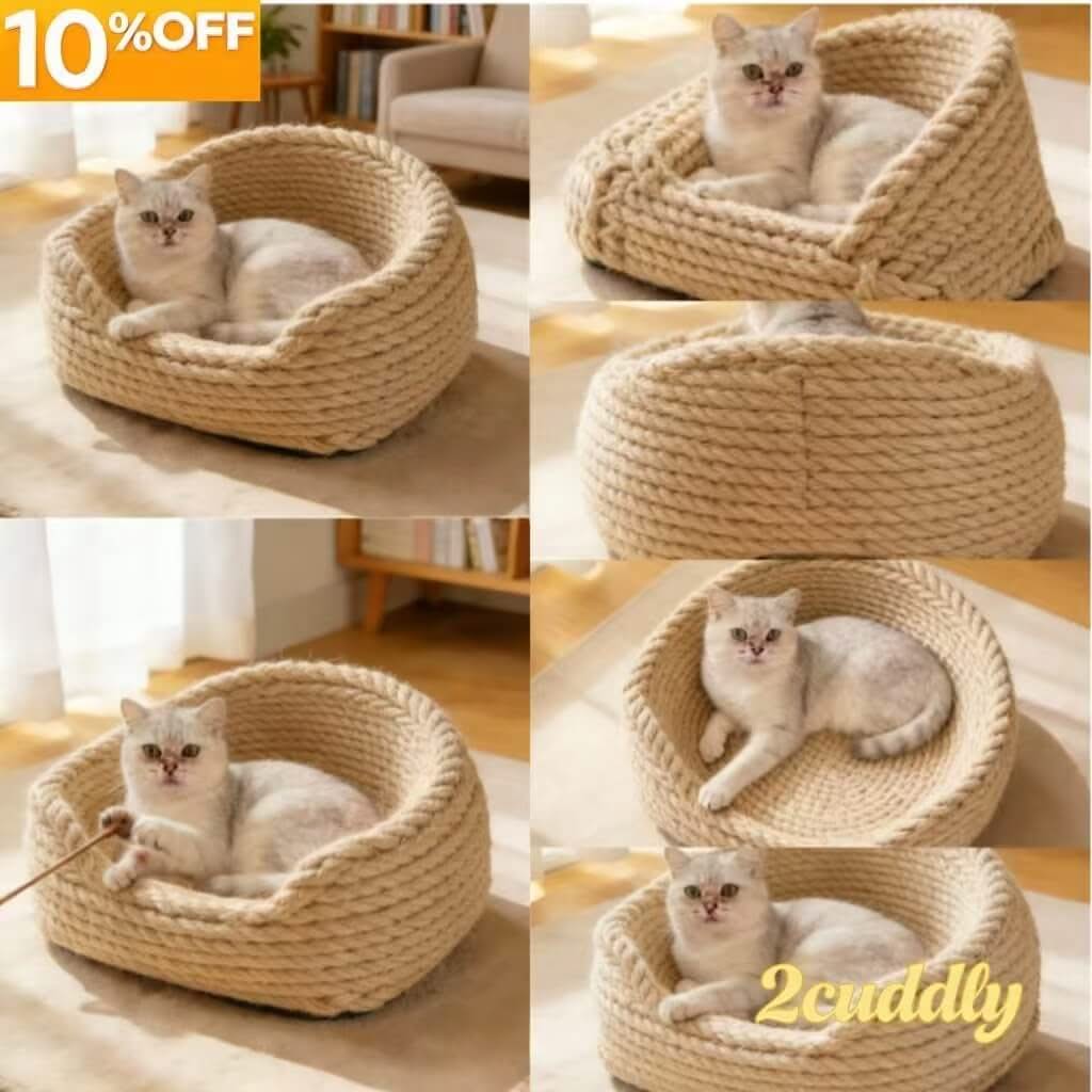 Durable Natural Pet Bed for Cats/Dogs - Beige, Braided Rope Design