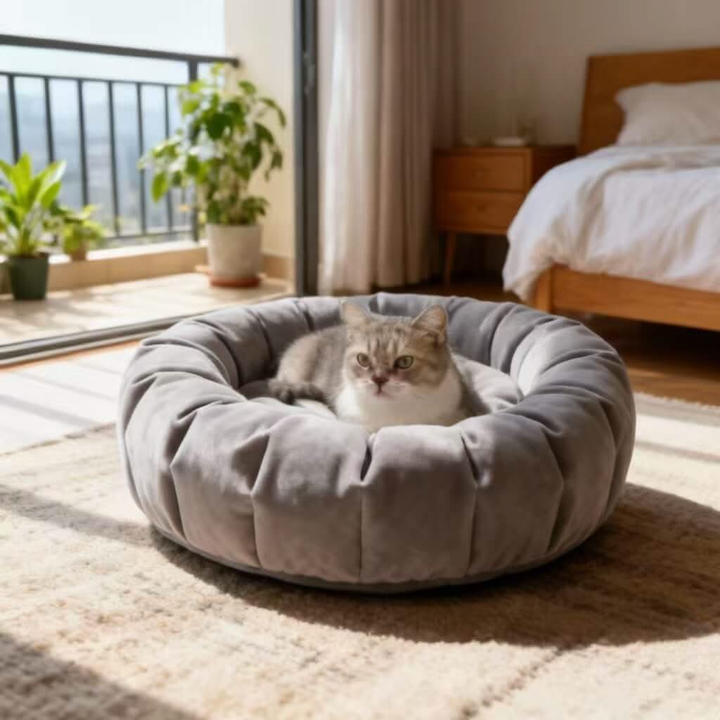 Pleated Velvet Pet Bed for Cats - Gray, Plush, Round, Soft Cushion, All-Season