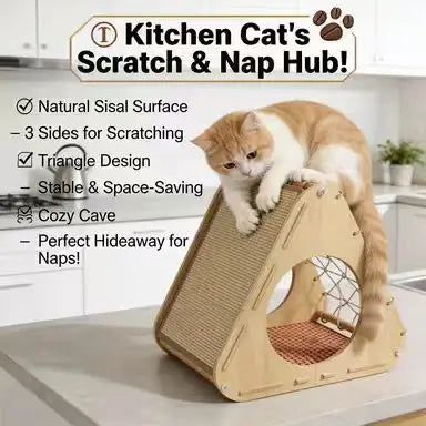 Triangle Cat Scratcher: Hideaway & Scratch, Wooden Frame, Durable Surface (Beige-Red)
