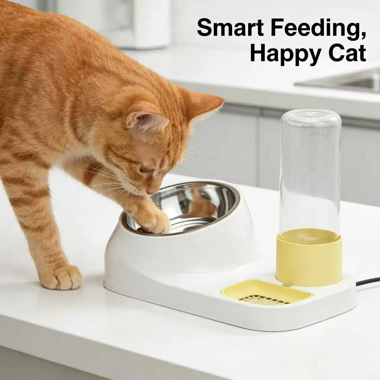2-in-1 Cat Feeder & Waterer: Stainless Steel Bowl, Auto-Refill (Gray-Yellow)