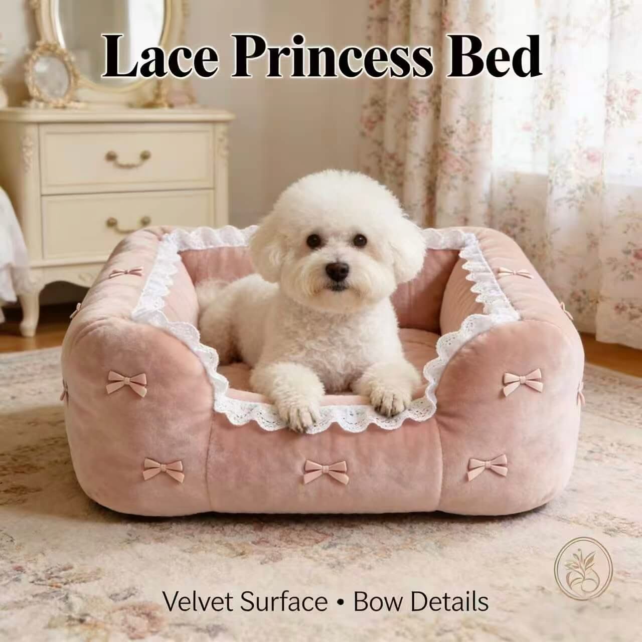 Charming Ruffled Pet Bed for Dogs - Bow Decor, Corduroy, Blush Pink, Soft Cushion, All-Season