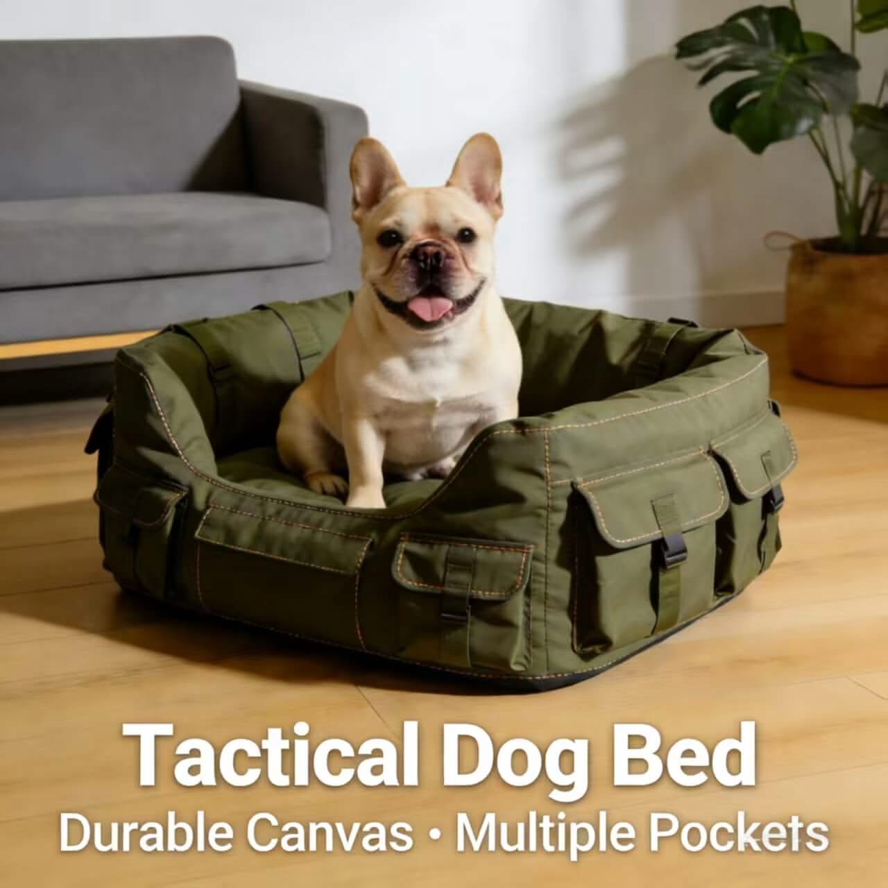 Tactical Canvas Dog Bed, Durable Multiple-Pocket Pet Bed for Small-Medium Dogs