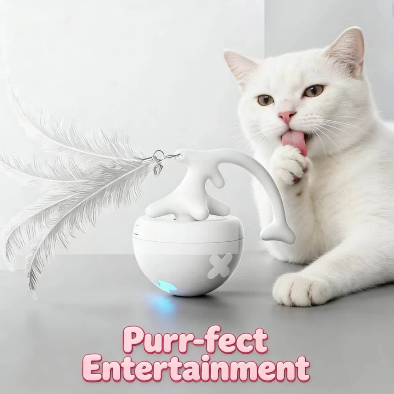 Rechargeable Cat Teaser - Auto-Spin Feather, Tumbler Base, White Indoor Play Toy