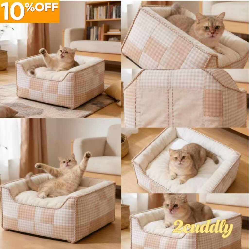 Checkered Patchwork Pet Bed for Cats- Soft, Beige-White, Cozy Cushion, All-Season