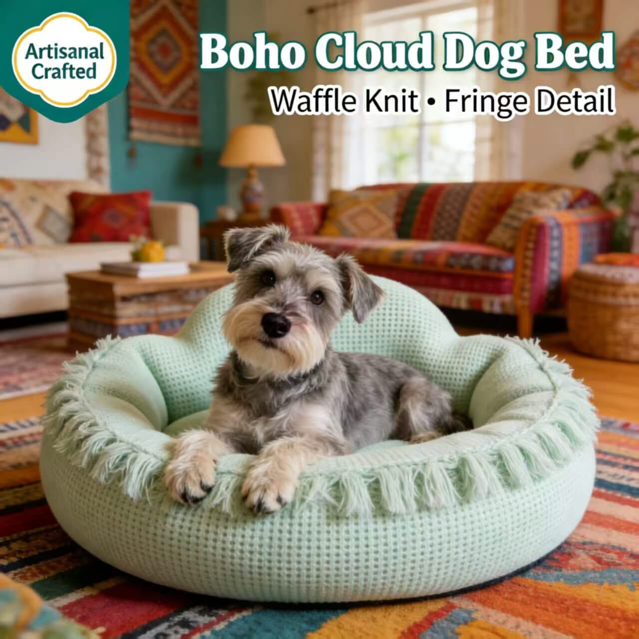 Boho Cloud Dog Bed , Waffle Knit Fringe Detail Light Green for Small Dogs