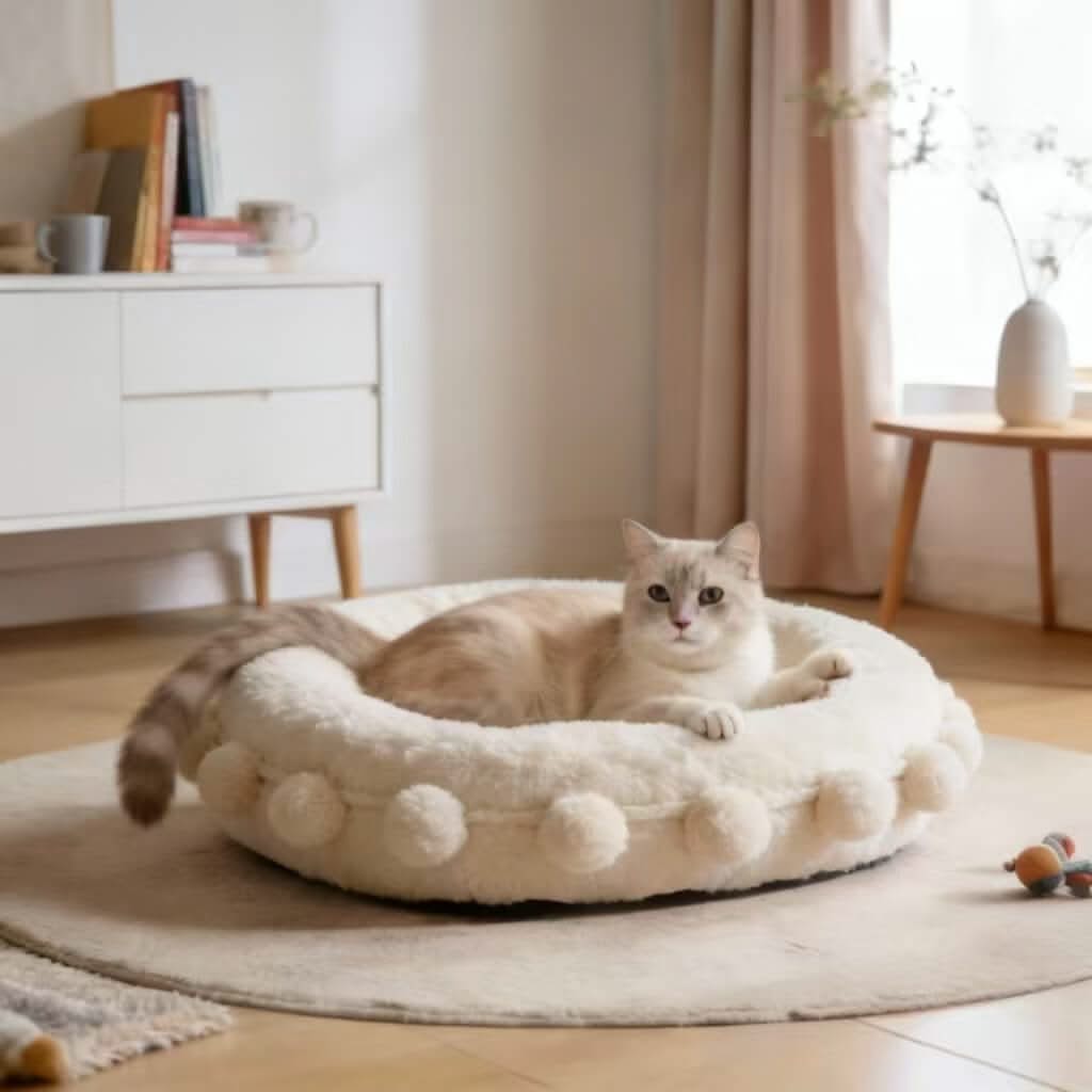 Pom-Pom Pet Bed for Cats - Cloud-Soft, Faux Fur, White, Anti-Slip, Cozy Cushion