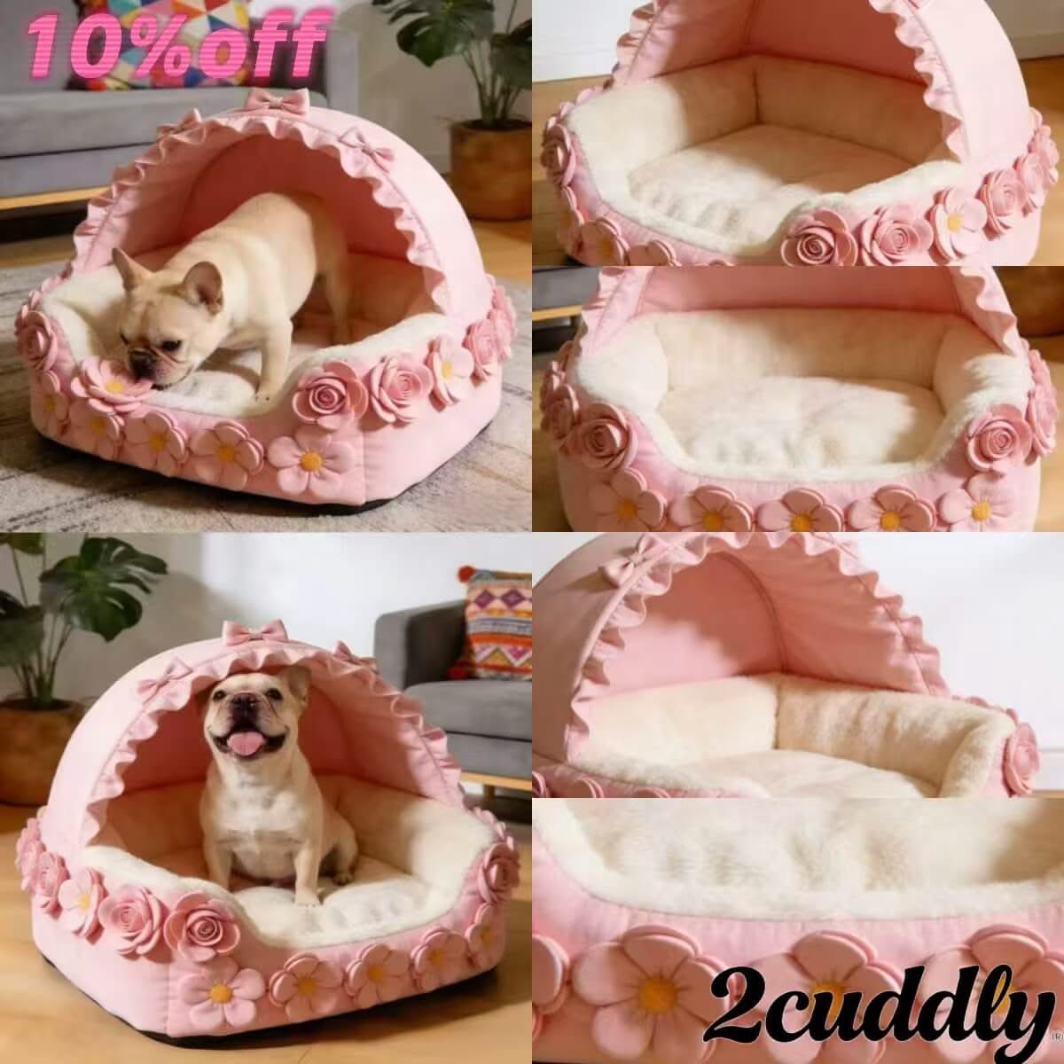Cozy Private Pet Cave Bed for Dogs - Pink, 3D Rose Decor, Ruffled, Soft Interior