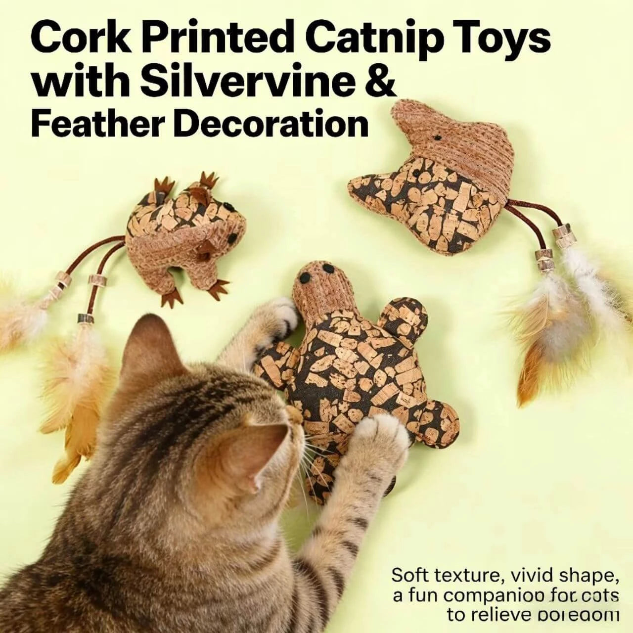 Soft Texture Cat Toy Set - Cork Pattern, Feather Teaser, Catnip & Silvervine