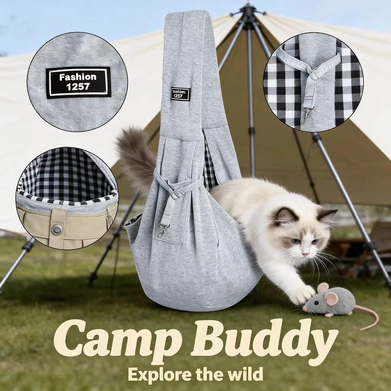 Fashion Pet Sling Bag - Secure Clip, Plaid Interior, Gray