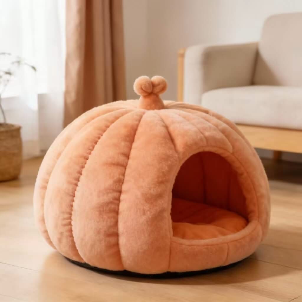 Pumpkin-Shaped Pet Cave Bed for Cats - Plush, Peach, Cozy Hiding Spot, All-Season